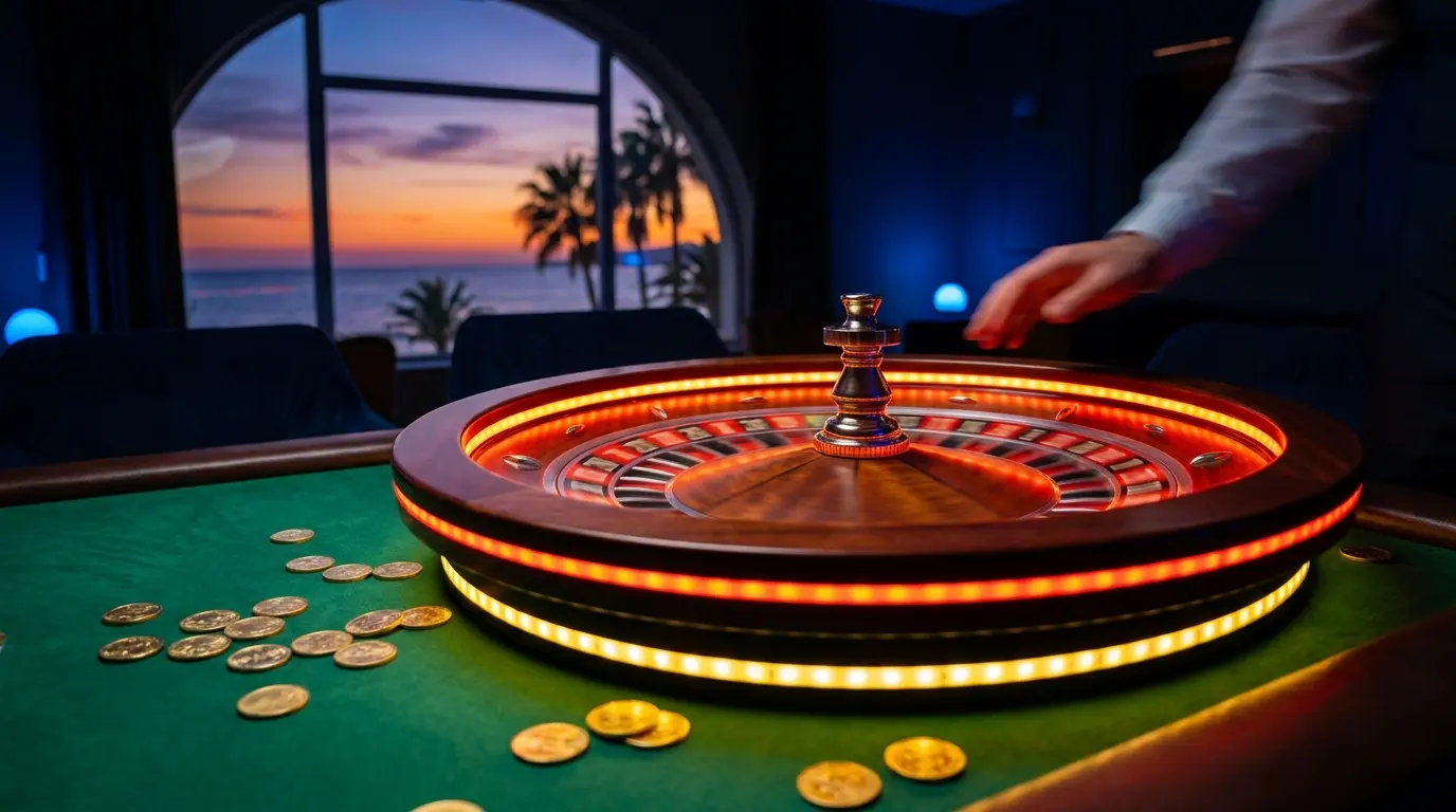 Ruleta girando con monedas y ambiente de casino español