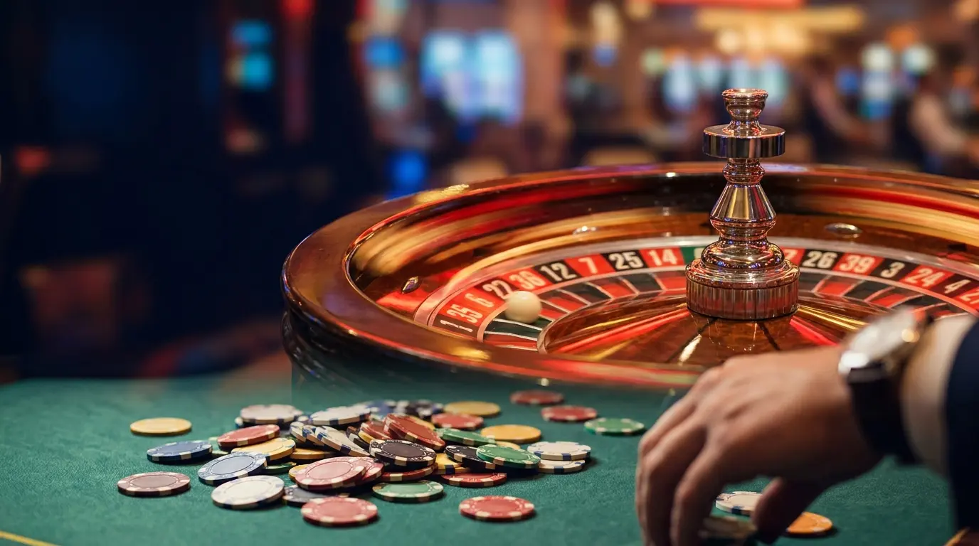 Ruleta girando con fichas de casino en primer plano