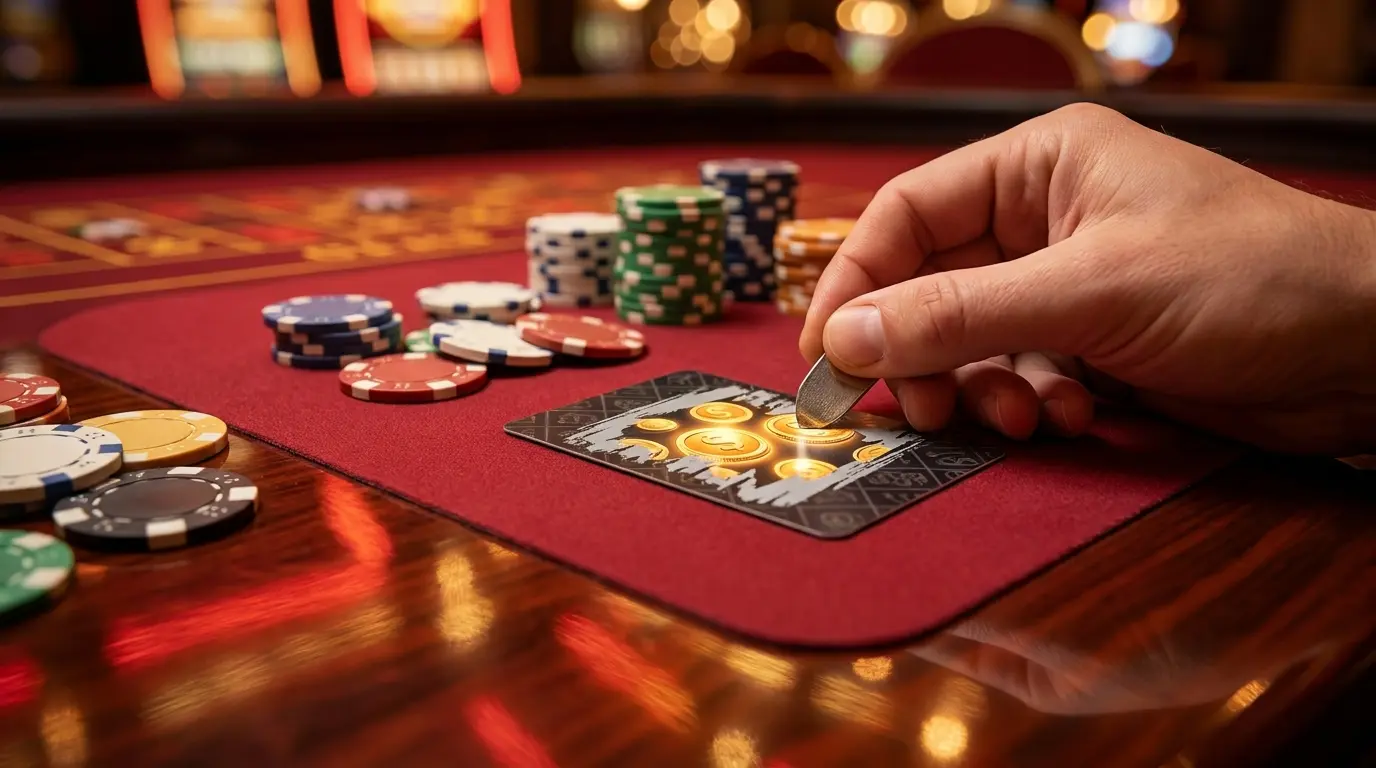 Raspadito revelando monedas doradas con fichas de casino