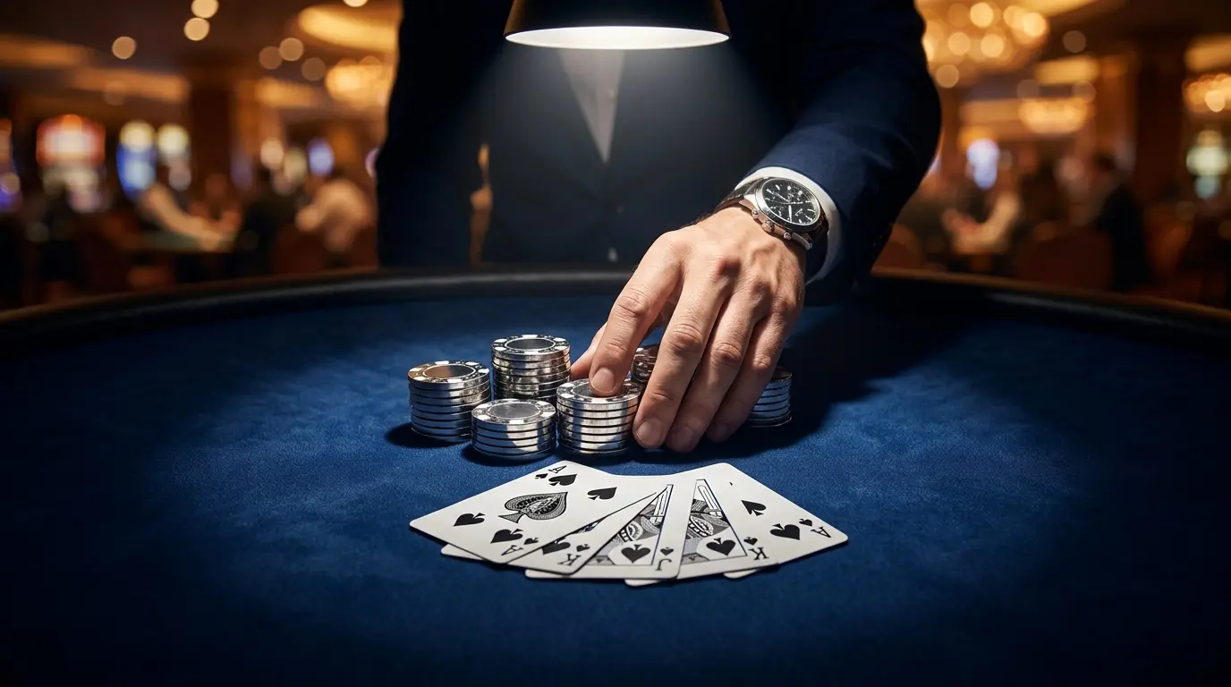 Fichas de póker plateadas y cartas sobre mesa de casino