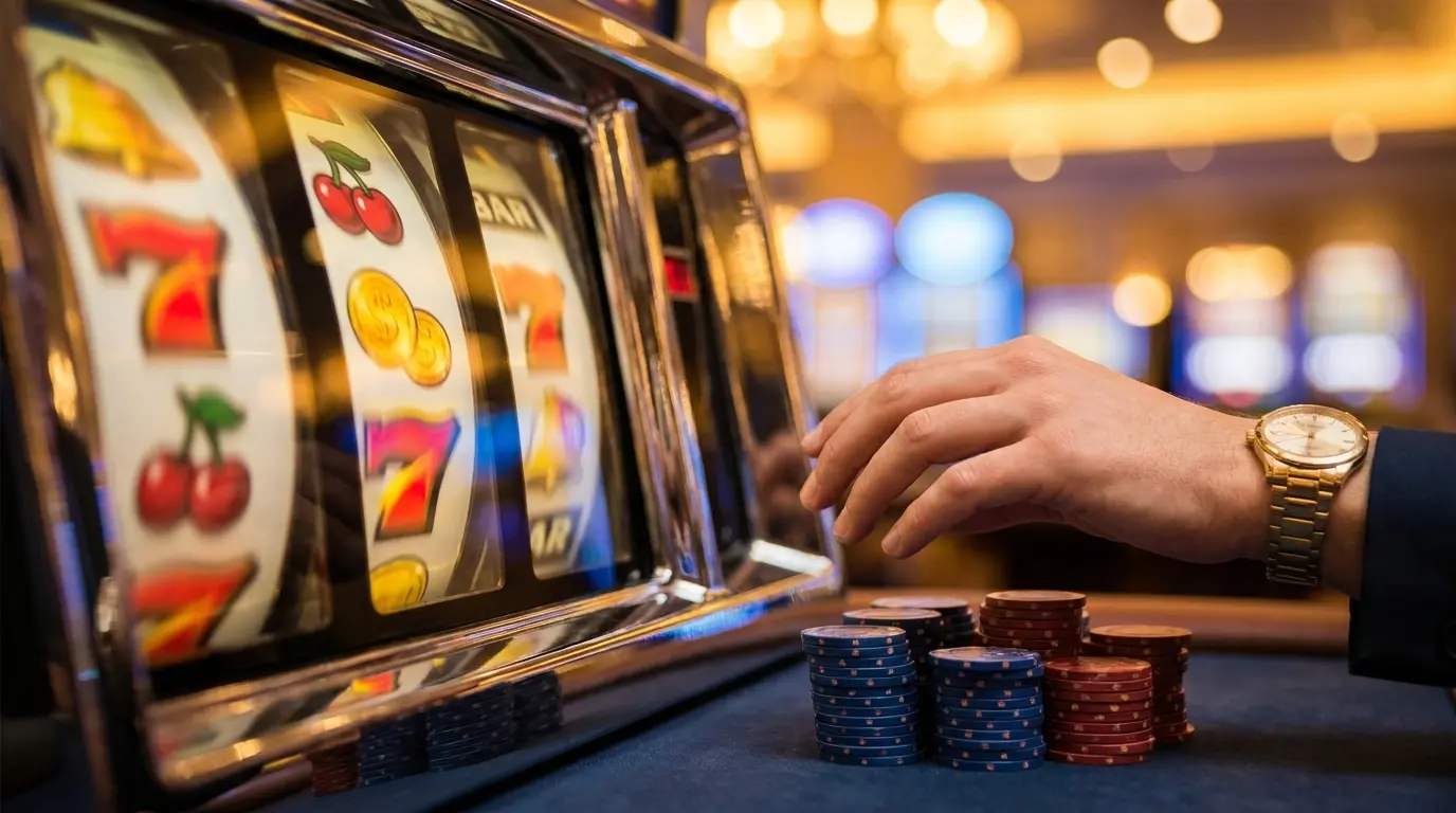 Tragamonedas con monedas doradas y fichas de casino brillantes