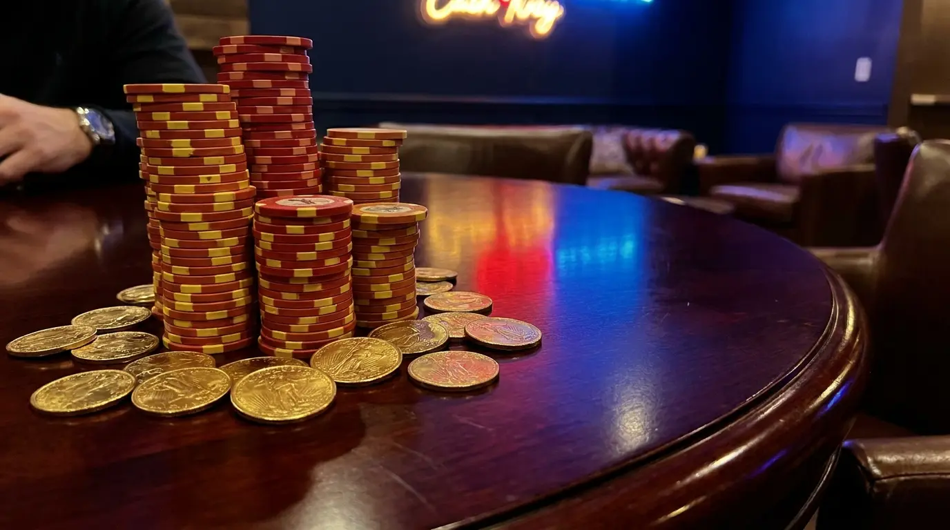 Fichas de casino en colores de España con monedas doradas