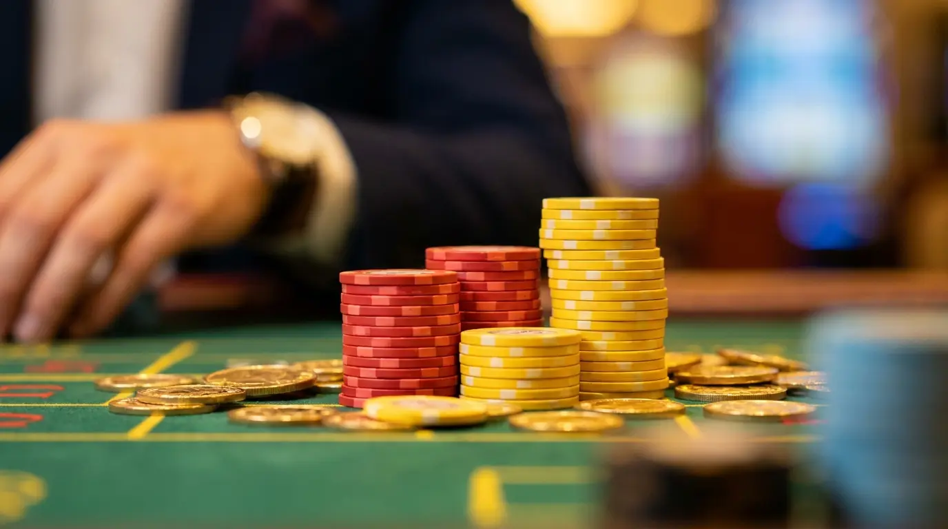 Fichas de casino y monedas sobre mesa de fieltro verde