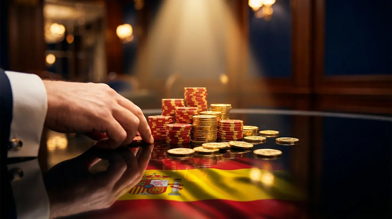 Fichas de casino apiladas con monedas doradas iluminadas