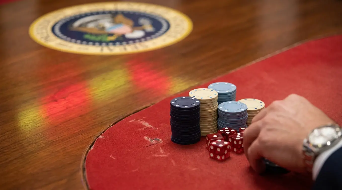 Fichas de casino y dados sobre mesa con colores de España