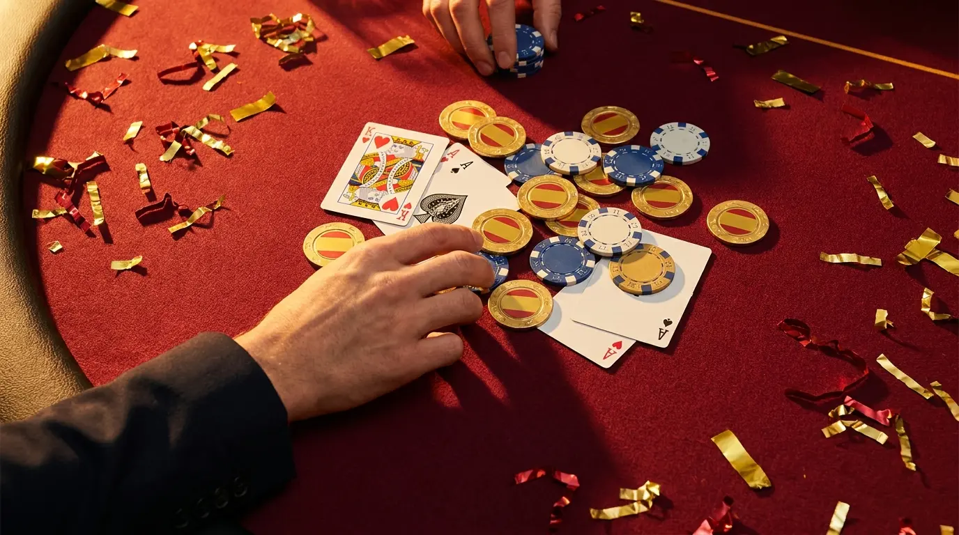 Fichas de casino y cartas sobre mesa de póker con colores españoles