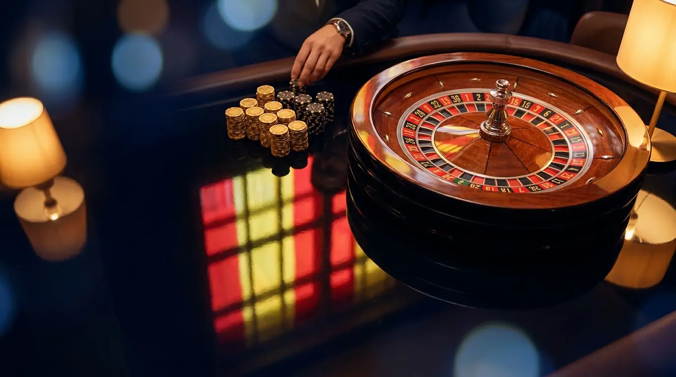 Ruleta de casino con fichas doradas sobre mesa elegante