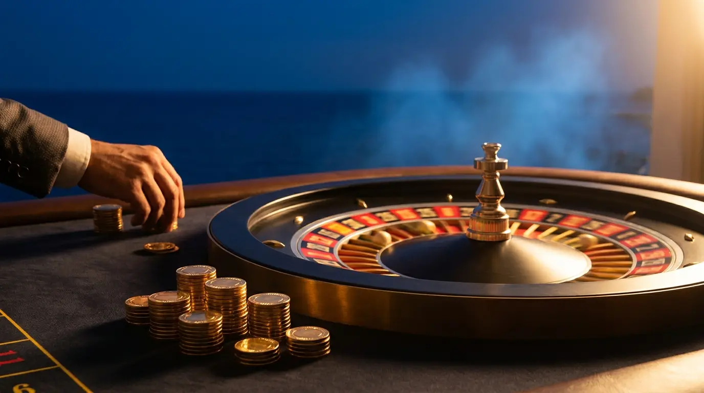 Ruleta de casino girando con monedas doradas apiladas