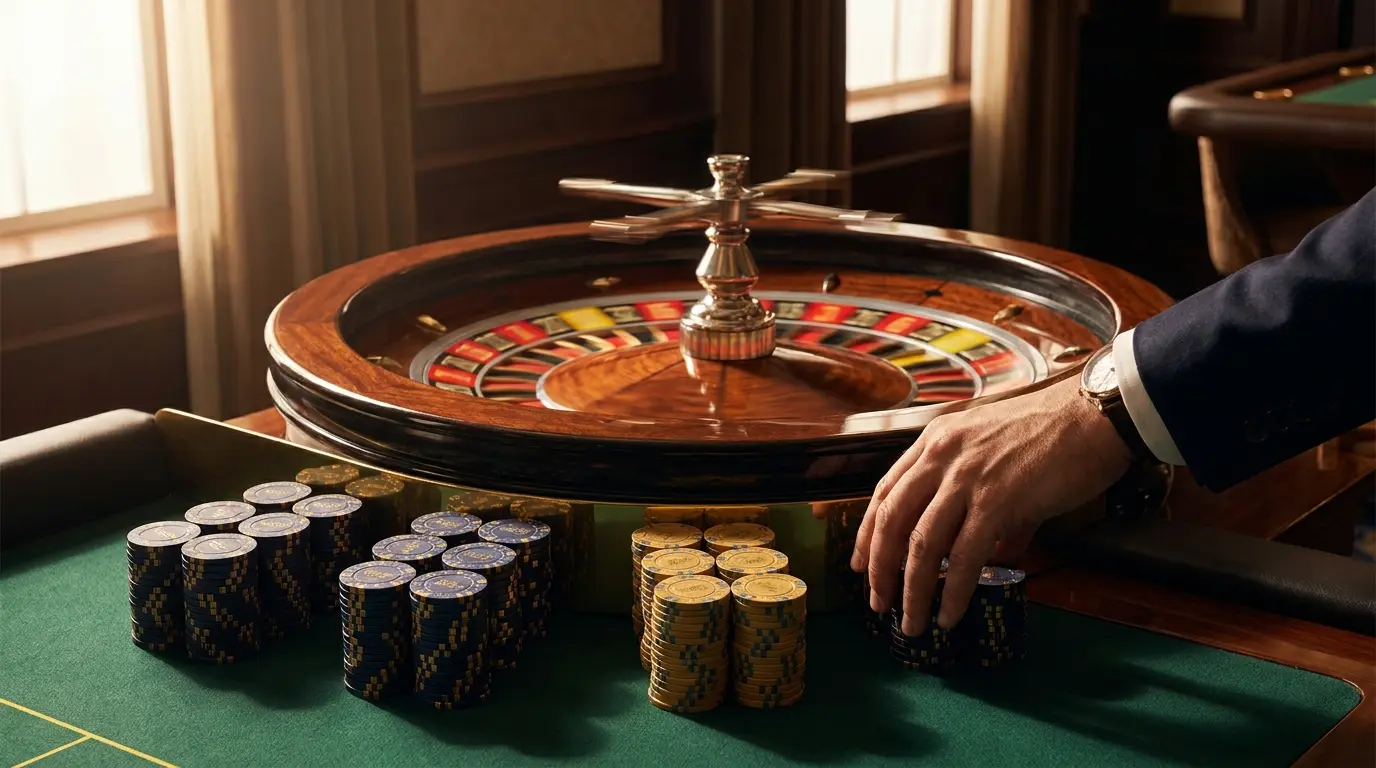 Ruleta de casino girando con fichas en colores de España