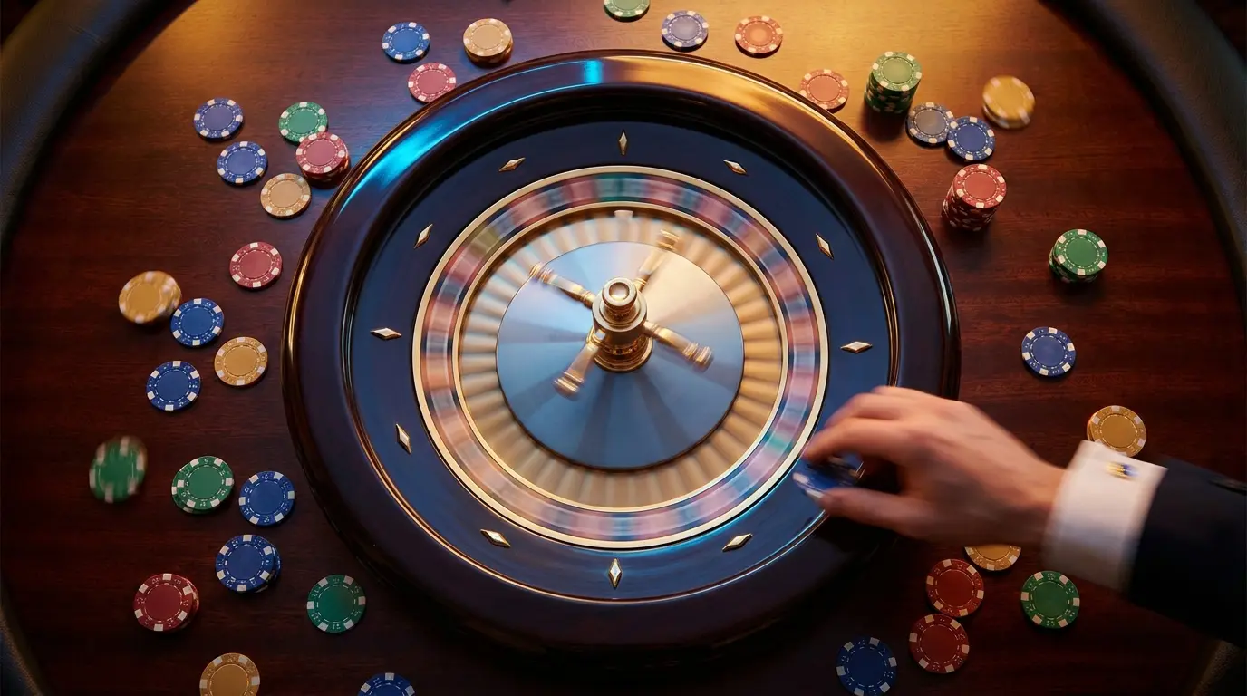 Ruleta girando con fichas de colores dispersas alrededor