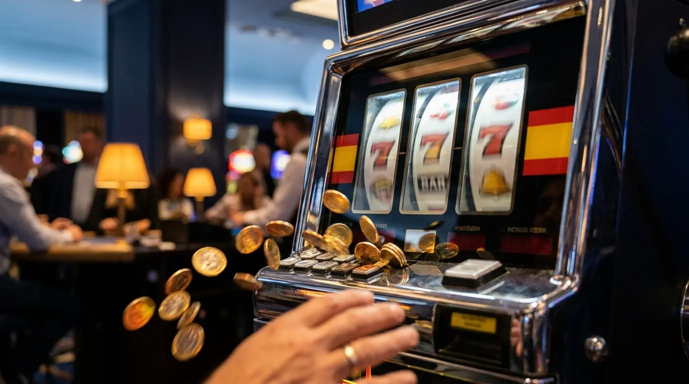 Monedas doradas cayendo de máquina tragaperras en casino