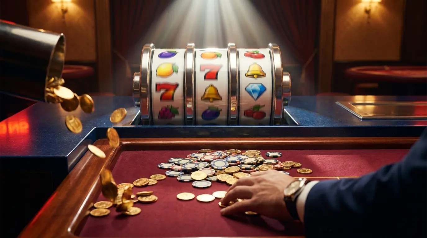 Tragaperras girando con fichas de casino y monedas doradas