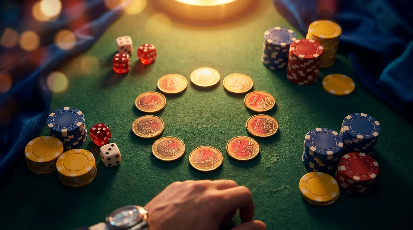 Monedas de diez euros rodeadas de fichas de casino sobre tapete verde