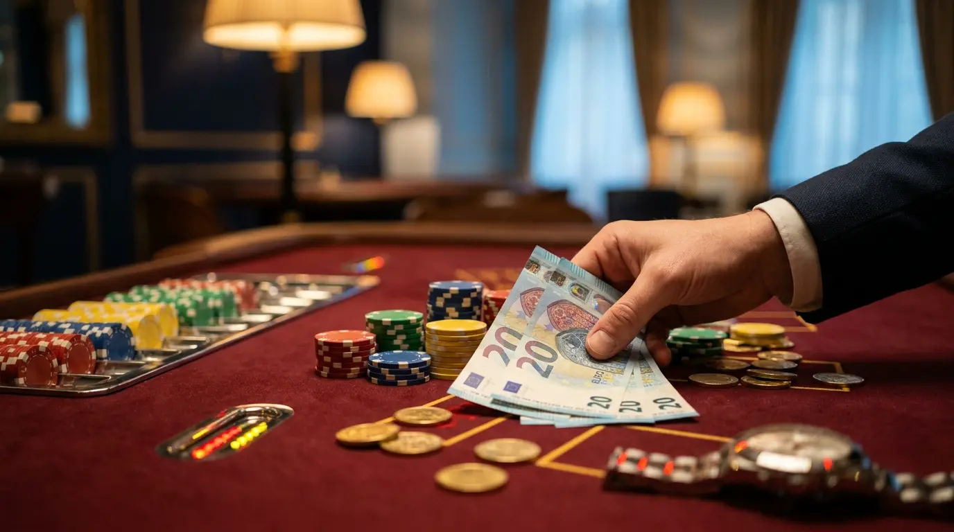 Billetes de 20 euros con fichas de casino sobre mesa de fieltro rojo