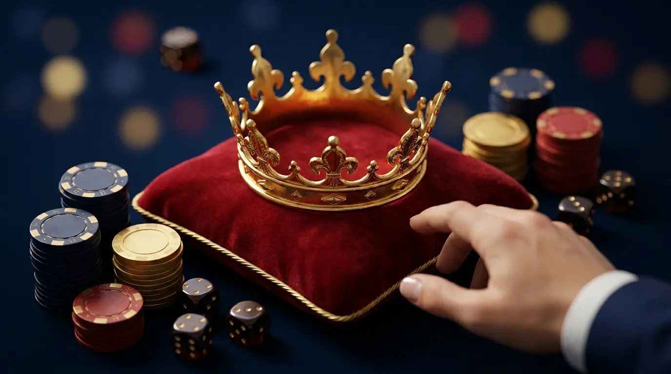 Corona dorada sobre cojín de terciopelo con fichas de casino premium