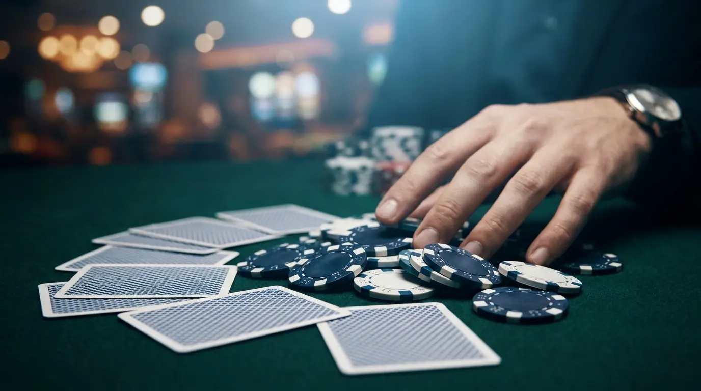 Pokeripelihas ja -merkit vihreällä huovalla sinivalkoisessa valaistuksessa