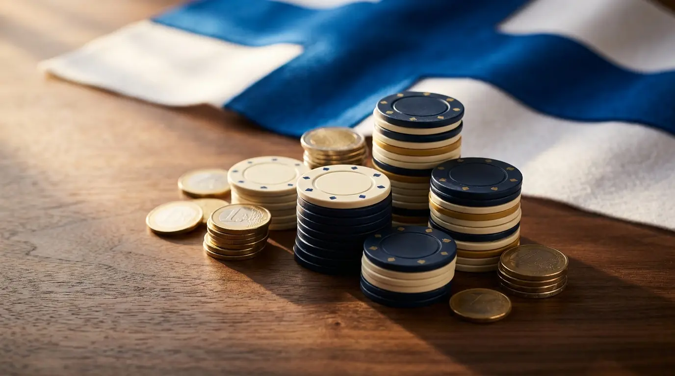 Kasinopelimerkkejä ja eurokolikoita pinottuna pöydälle
