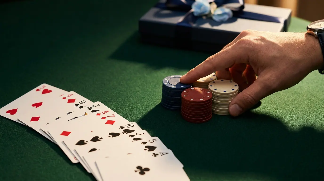 Cartes à jouer et jetons disposés sur tapis de casino vert