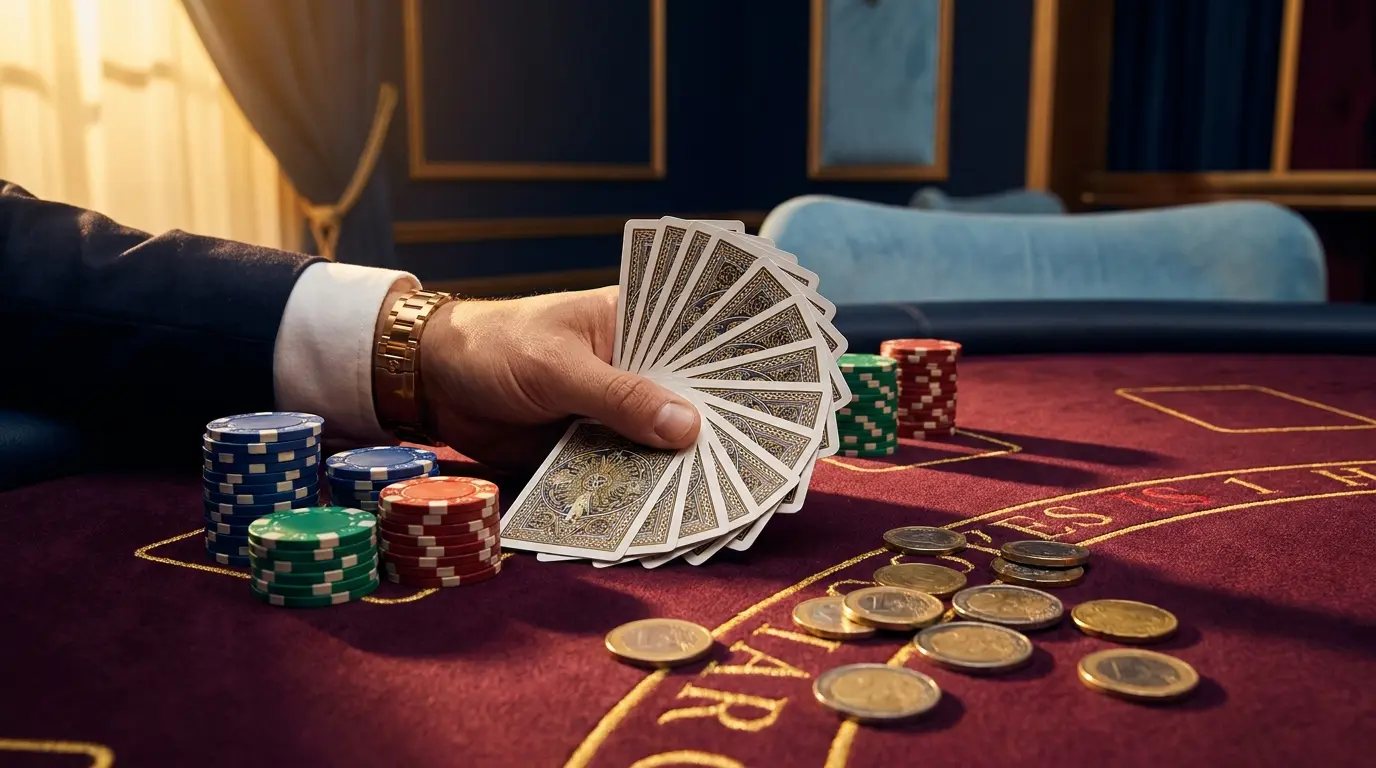 Cartes à jouer et jetons avec pièces euros sur fond sombre