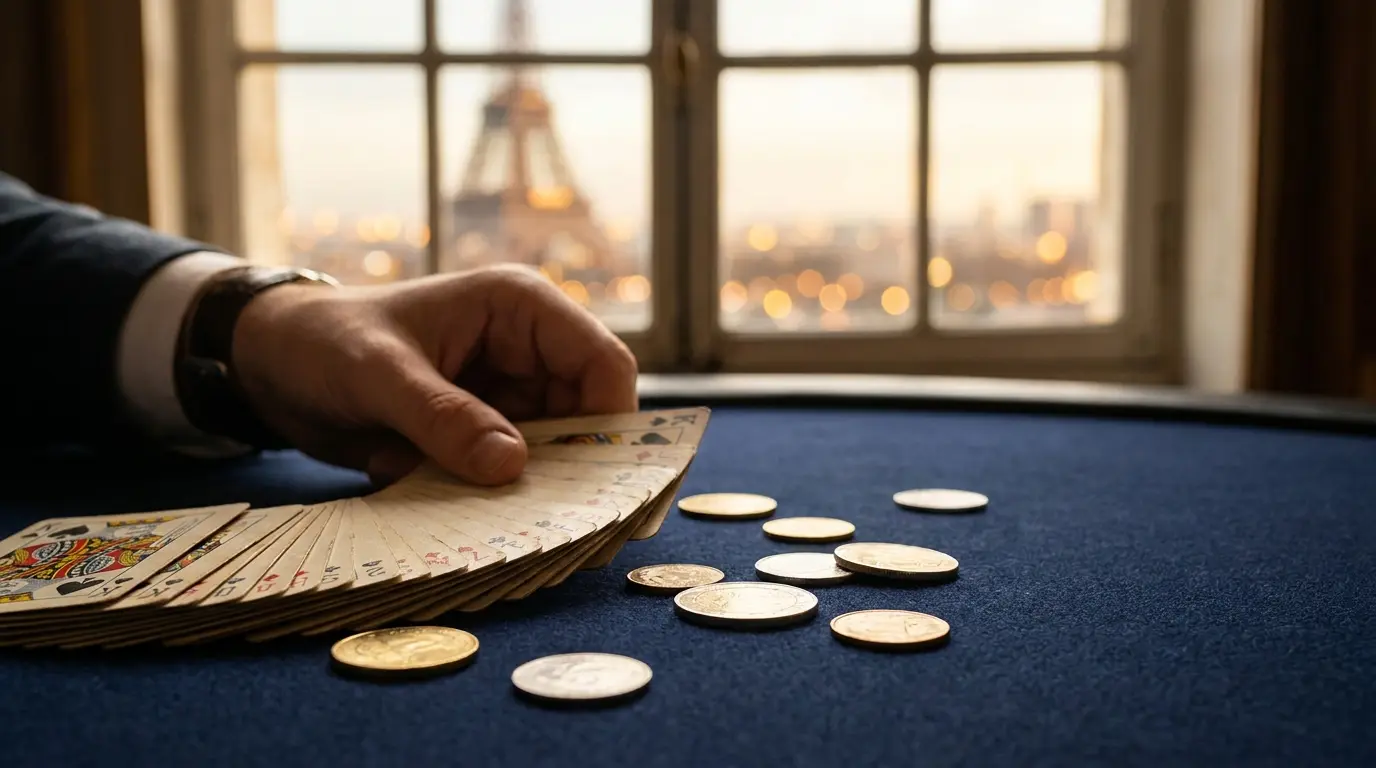 Cartes à jouer et pièces avec Tour Eiffel en arrière-plan