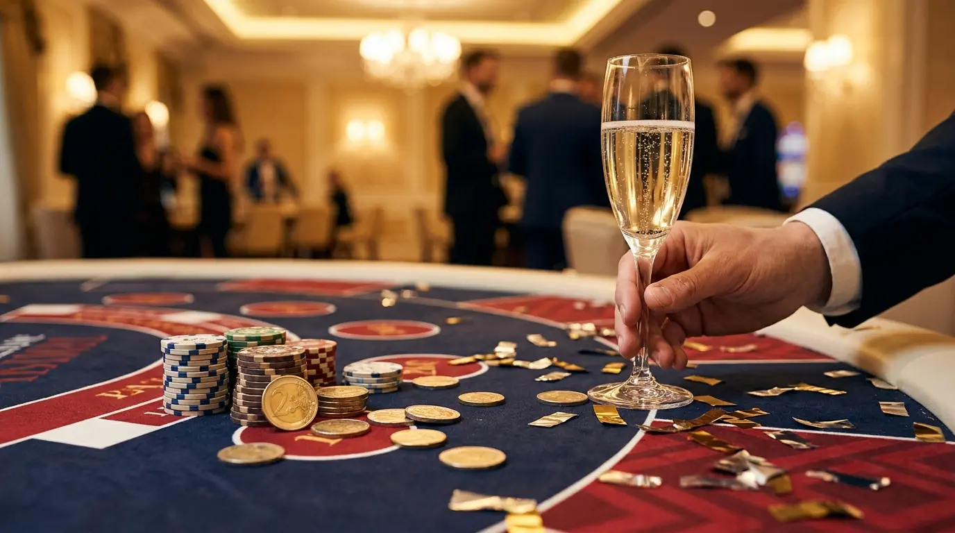 Jetons de casino et pièces d'euro avec champagne sur table