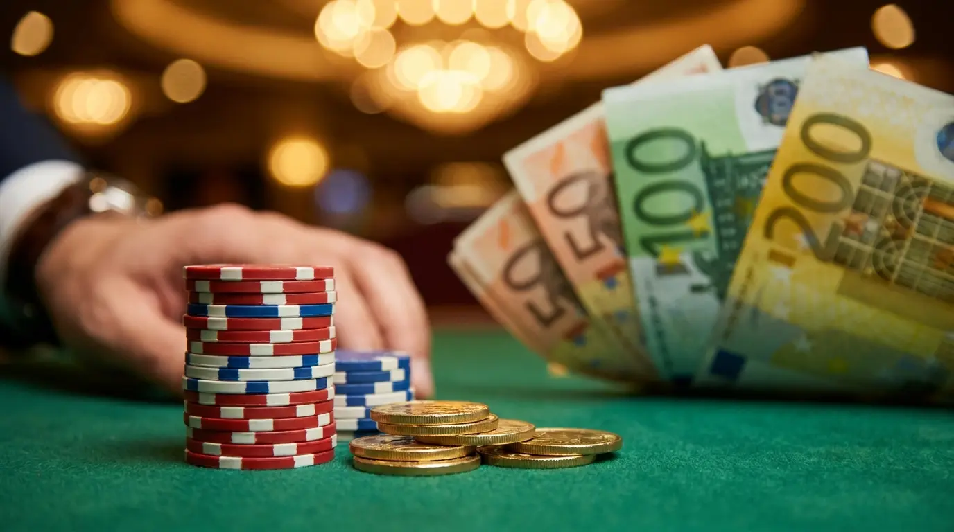 Jetons de casino et pièces d'or sur feutre vert avec éclairage luxueux