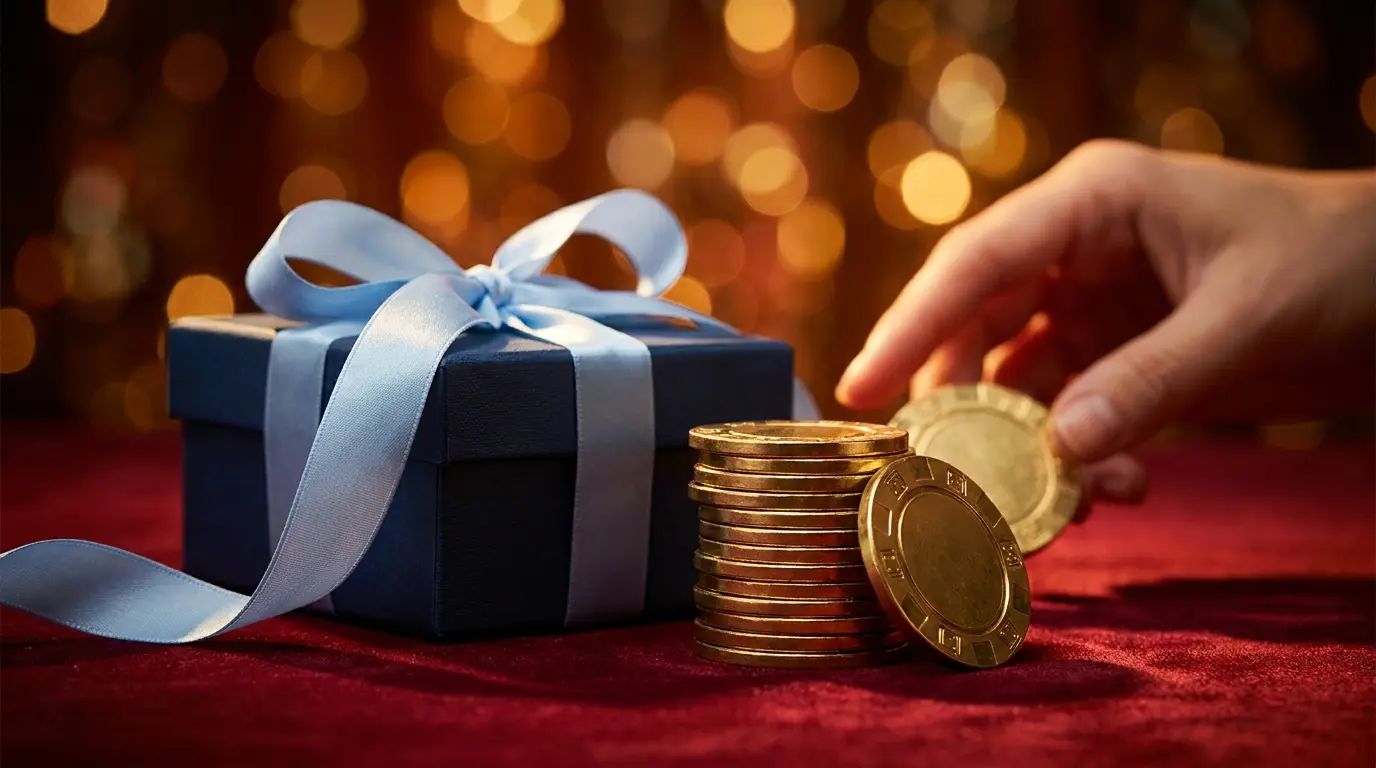 Jetons de casino dorés et coffret cadeau sur velours rouge