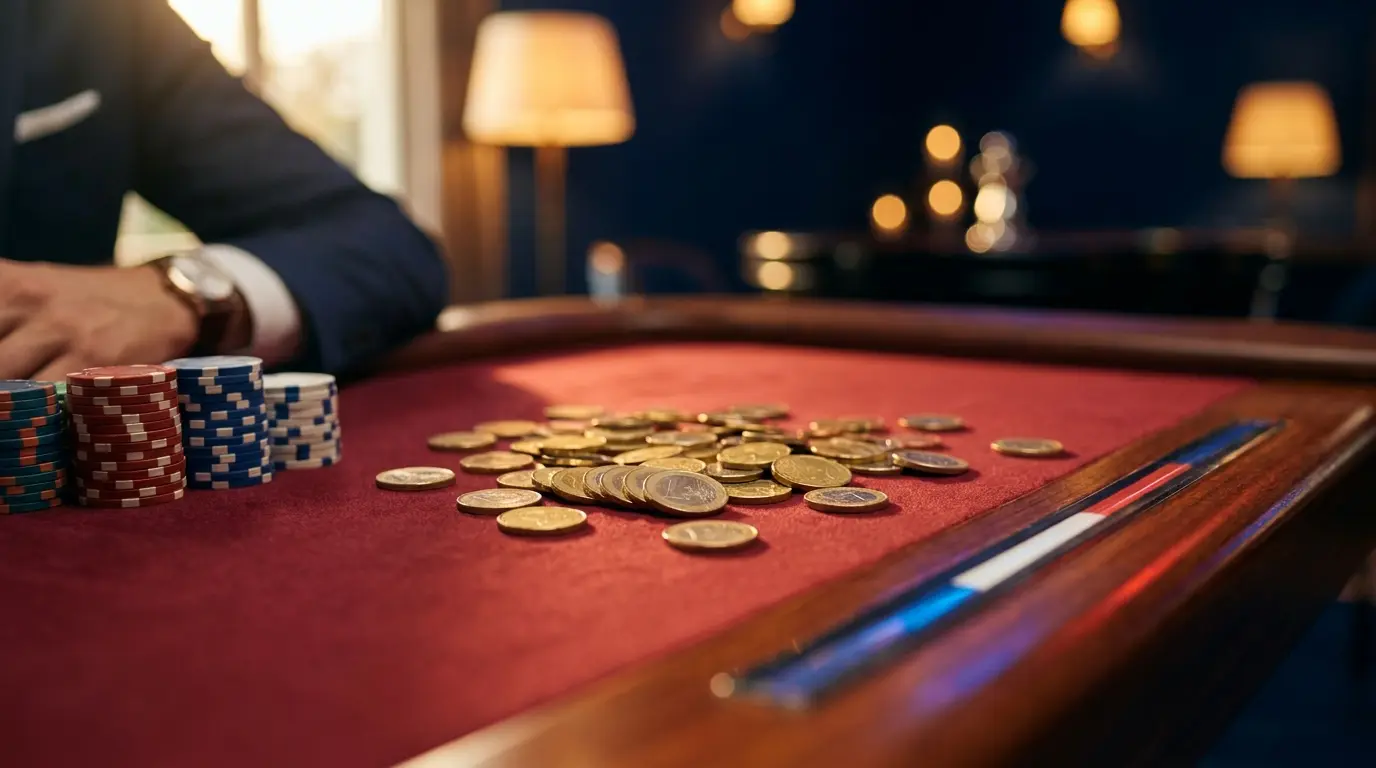 Jetons de casino et pièces d'euro sur table de jeu française