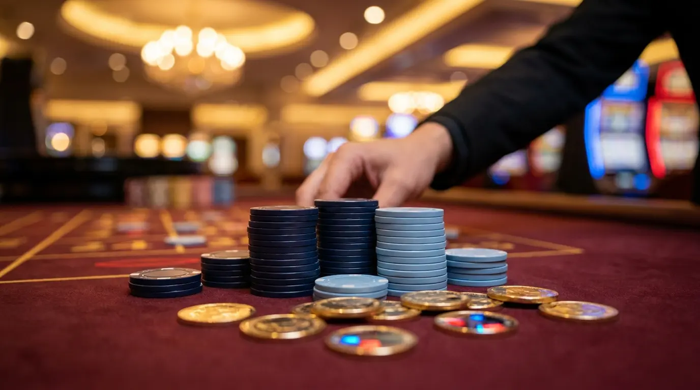 Jetons de casino et pièces dorées sur tapis rouge
