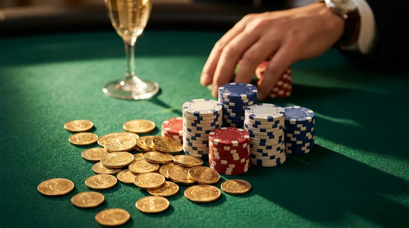 Jetons de casino et pièces d'or sur tapis vert