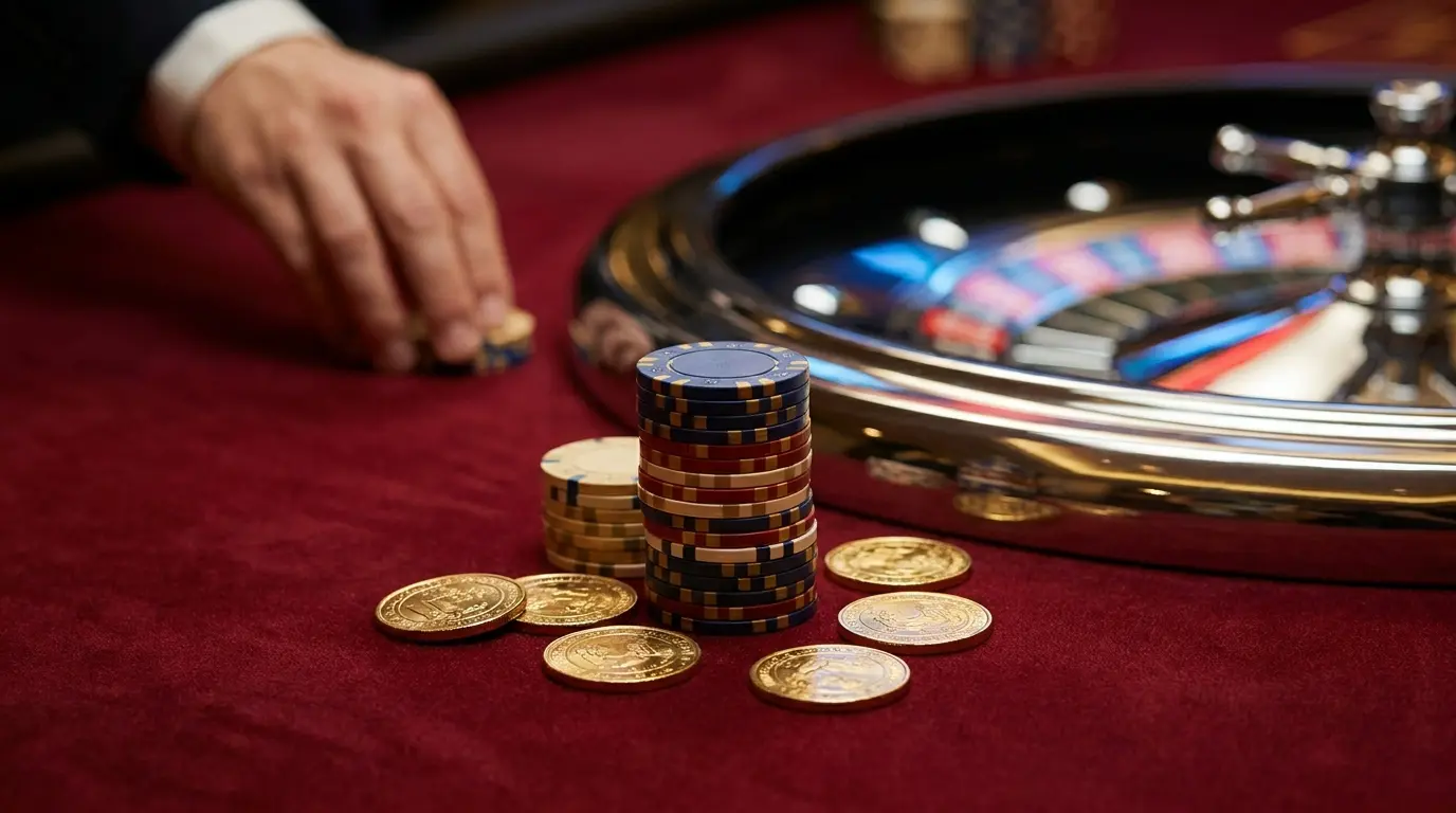 Jetons de casino et pièces d'or sur feutre rouge élégant