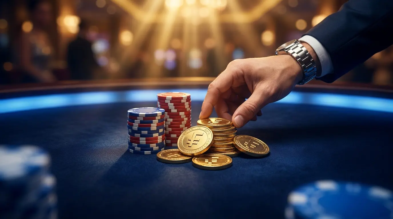 Jetons de casino et pièces d'or sur table de jeu luxueuse