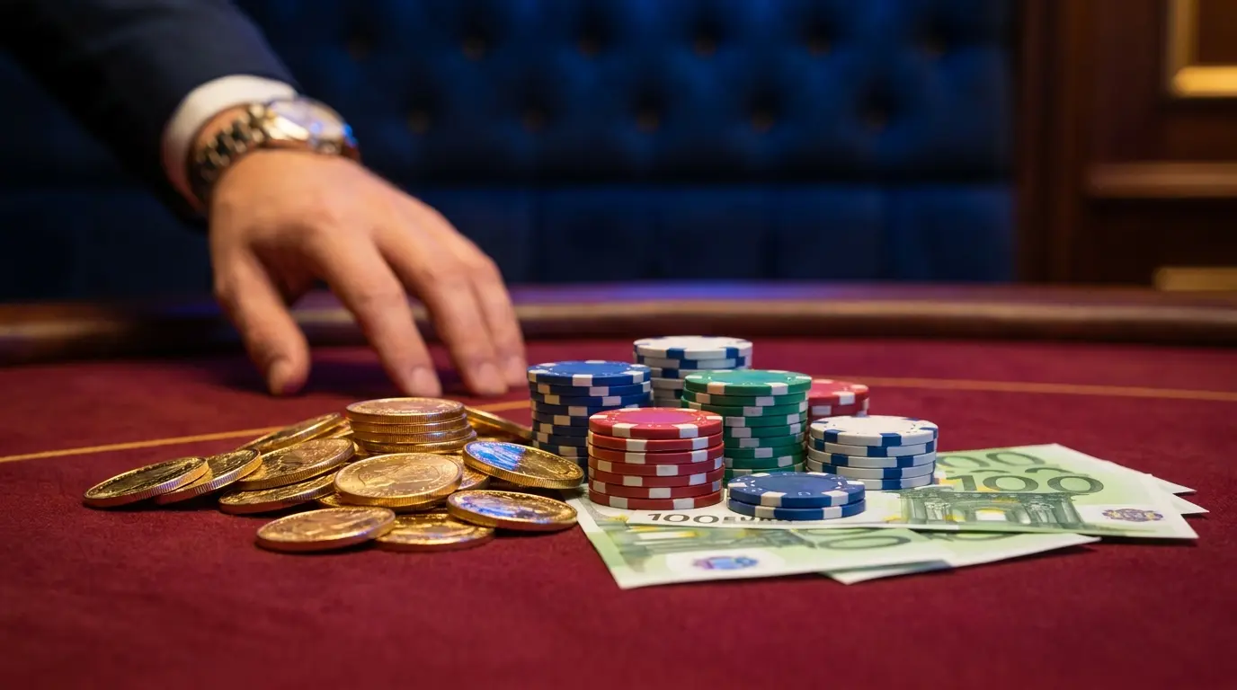 Jetons de casino et pièces d'or sur table de jeu rouge