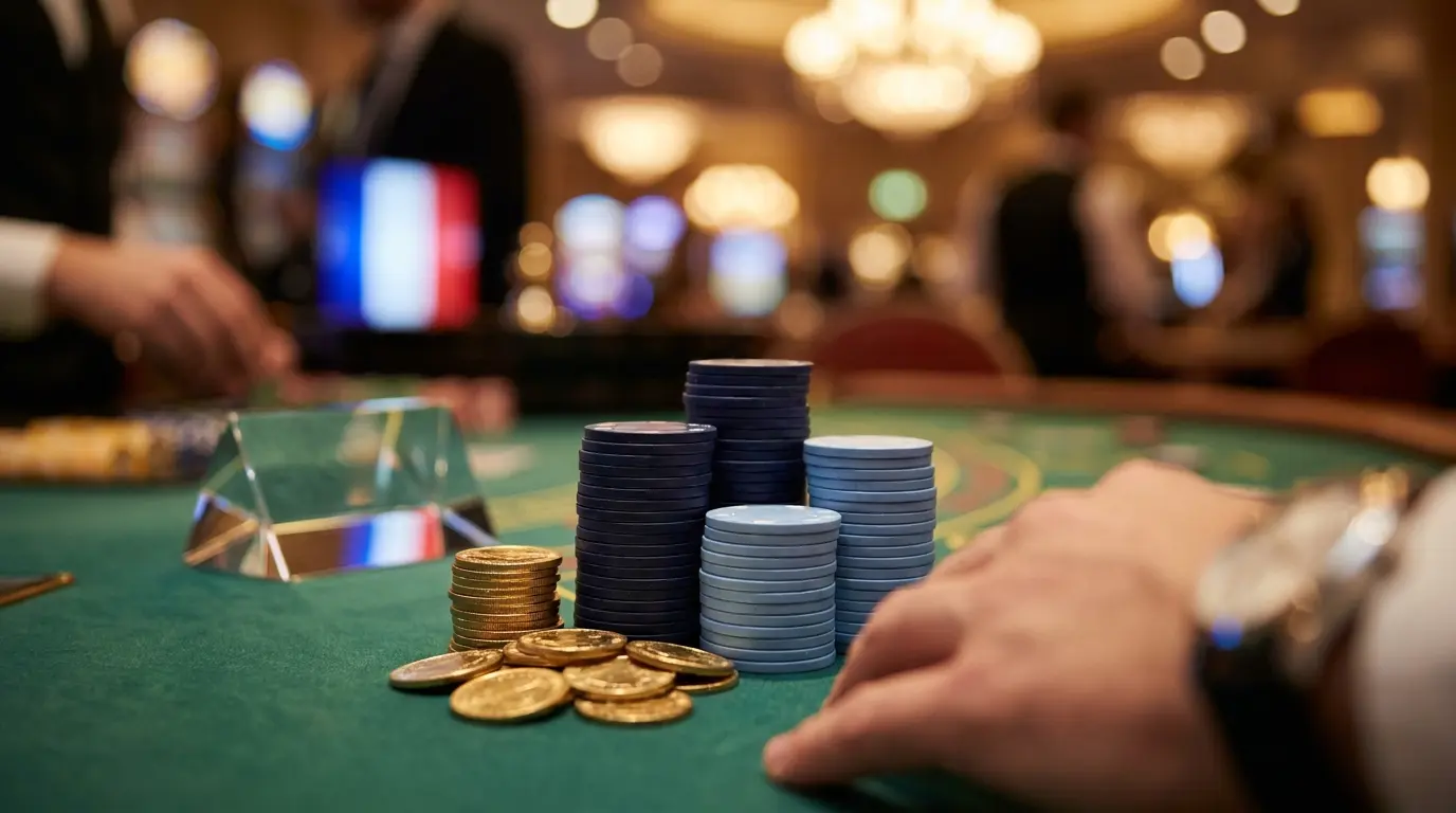 Jetons de casino et pièces d'or sur table de jeu verte