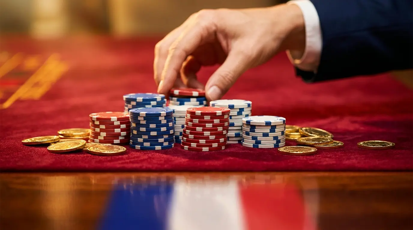 Jetons de casino et pièces d'or sur feutre rouge élégant