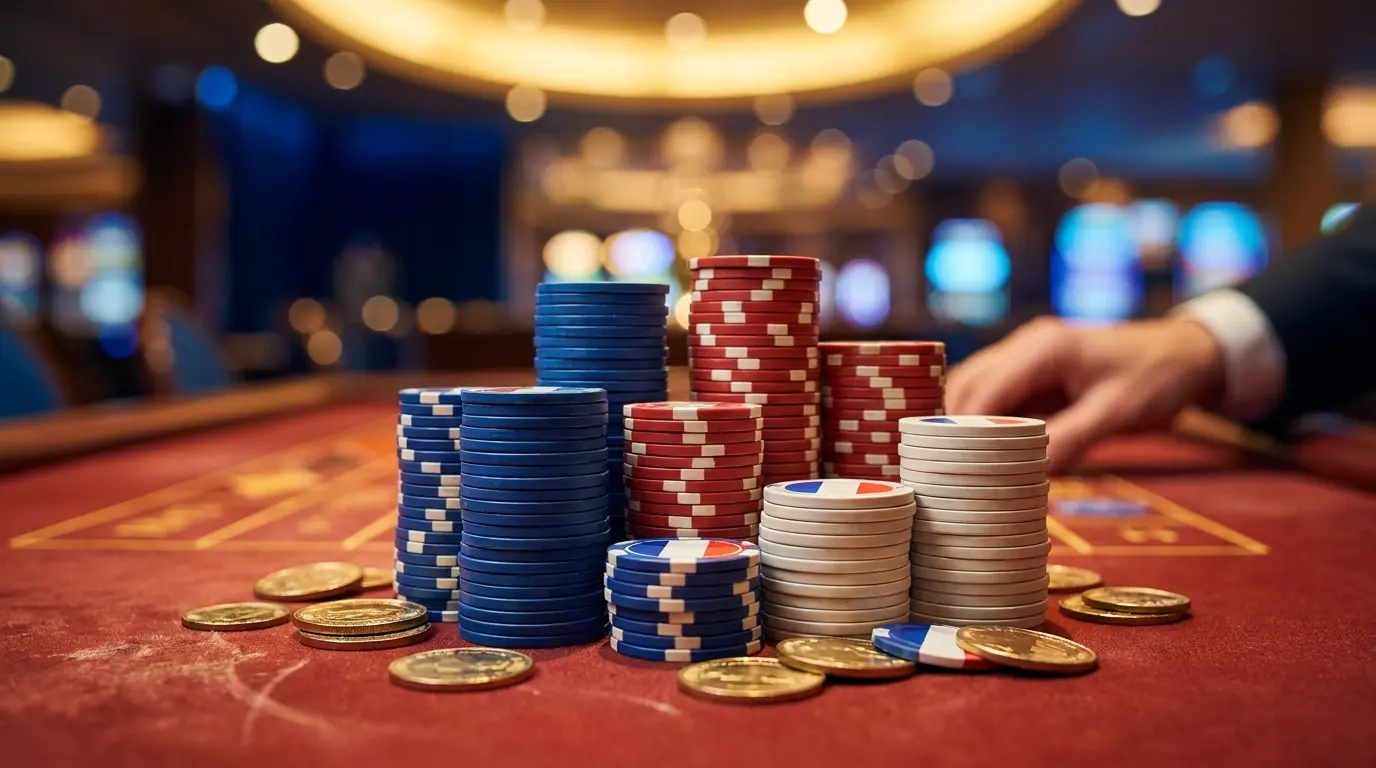 Jetons de casino empilés avec pièces d'or sur tapis rouge