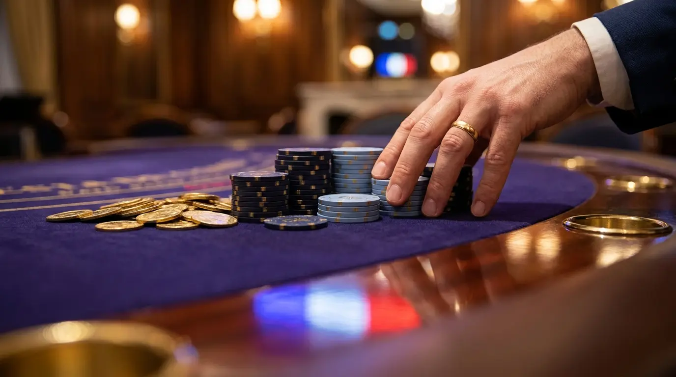 Jetons de casino et pièces dorées sur table de jeu luxueuse