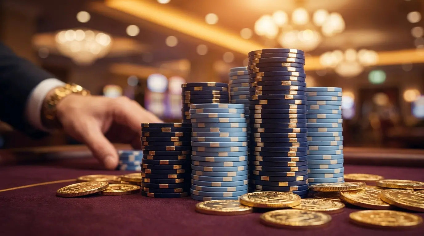 Jetons de casino empilés avec pièces dorées sur table de jeu