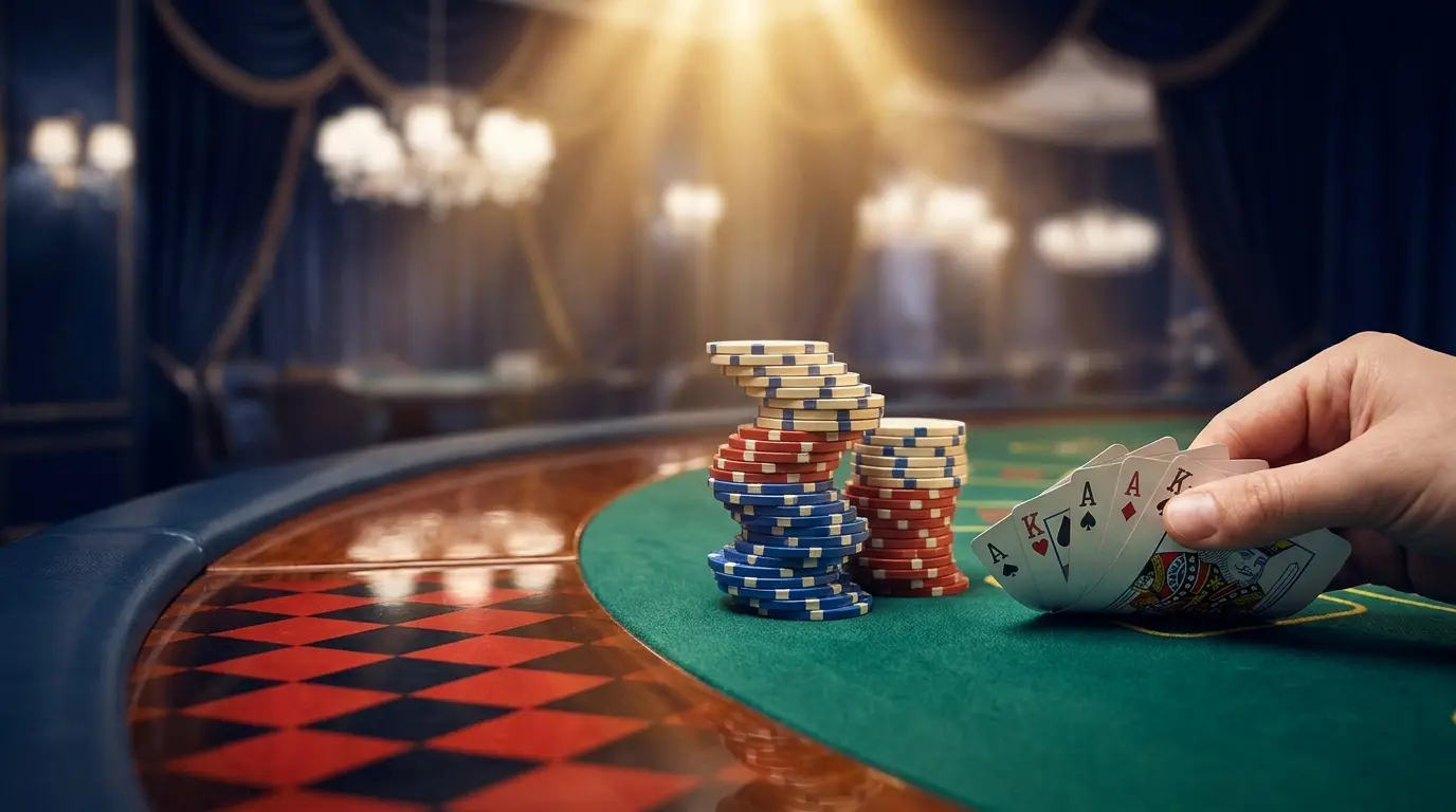 Jetons de casino empilés sur table de jeu avec motif arlequin
