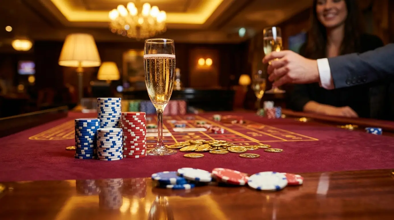 Jetons de casino empilés avec pièces dorées sur tapis rouge