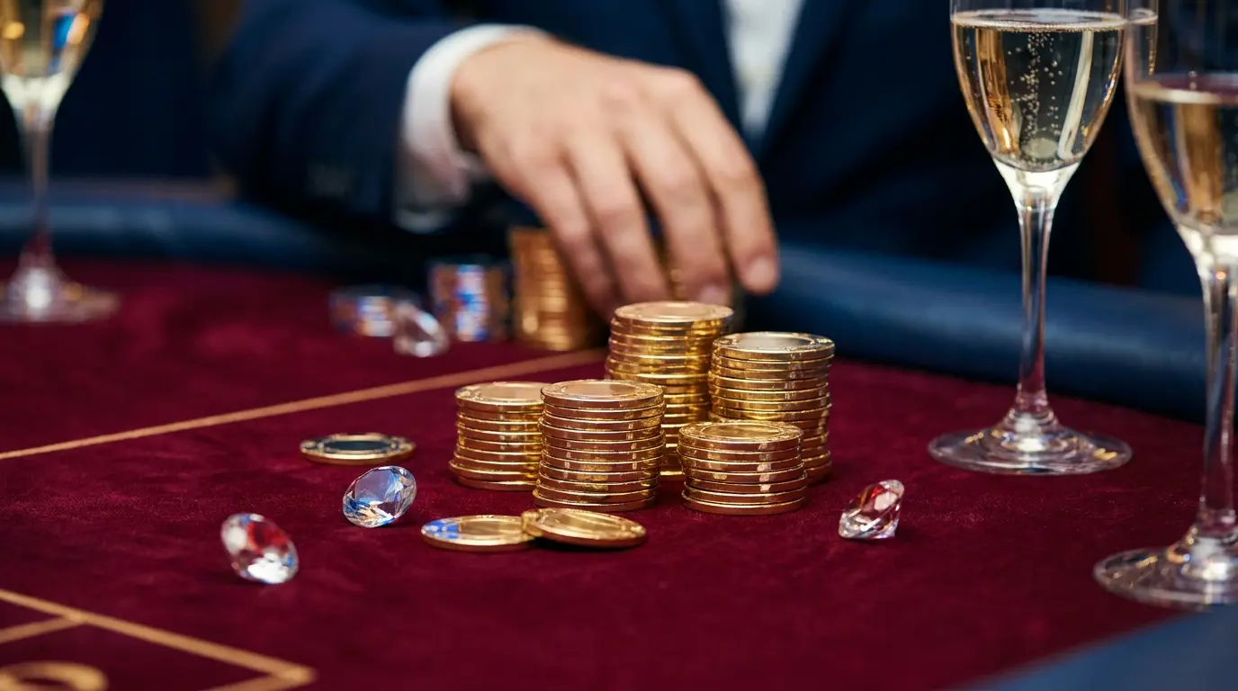 Jetons de casino dorés sur feutre rouge avec ambiance luxueuse