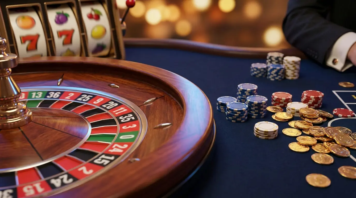 Roue de roulette avec jetons de casino et pièces d'or