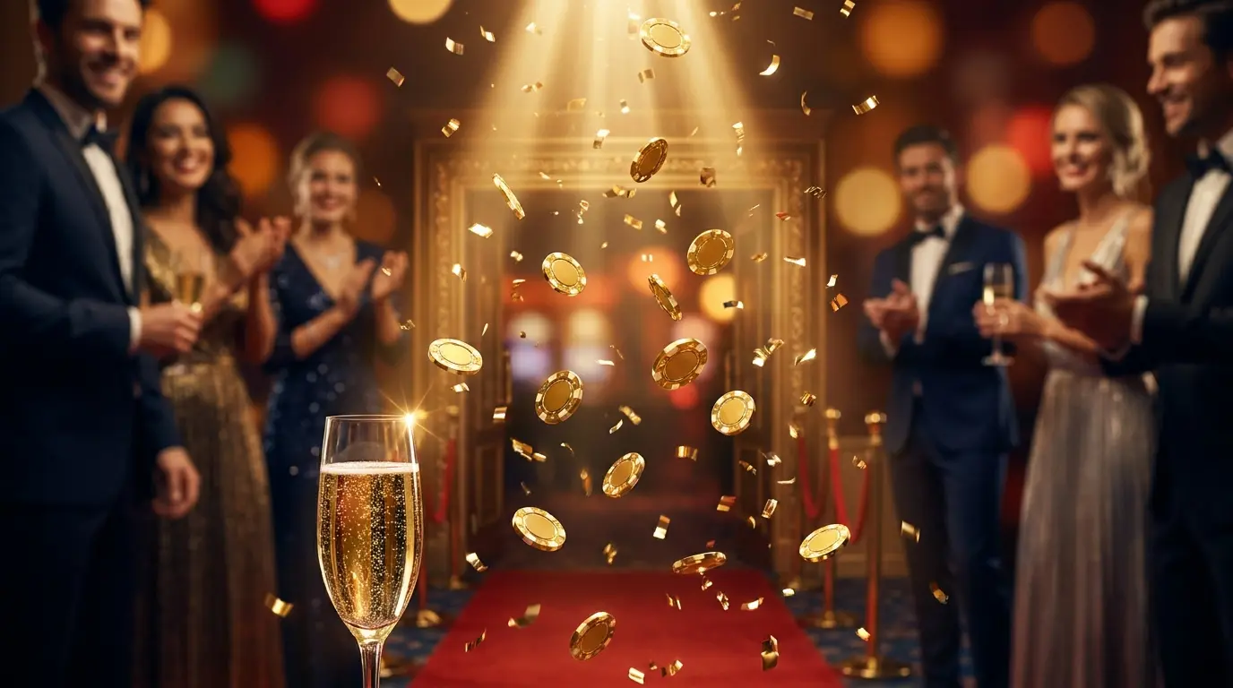 Jetons de casino dorés avec confettis sur tapis rouge luxueux