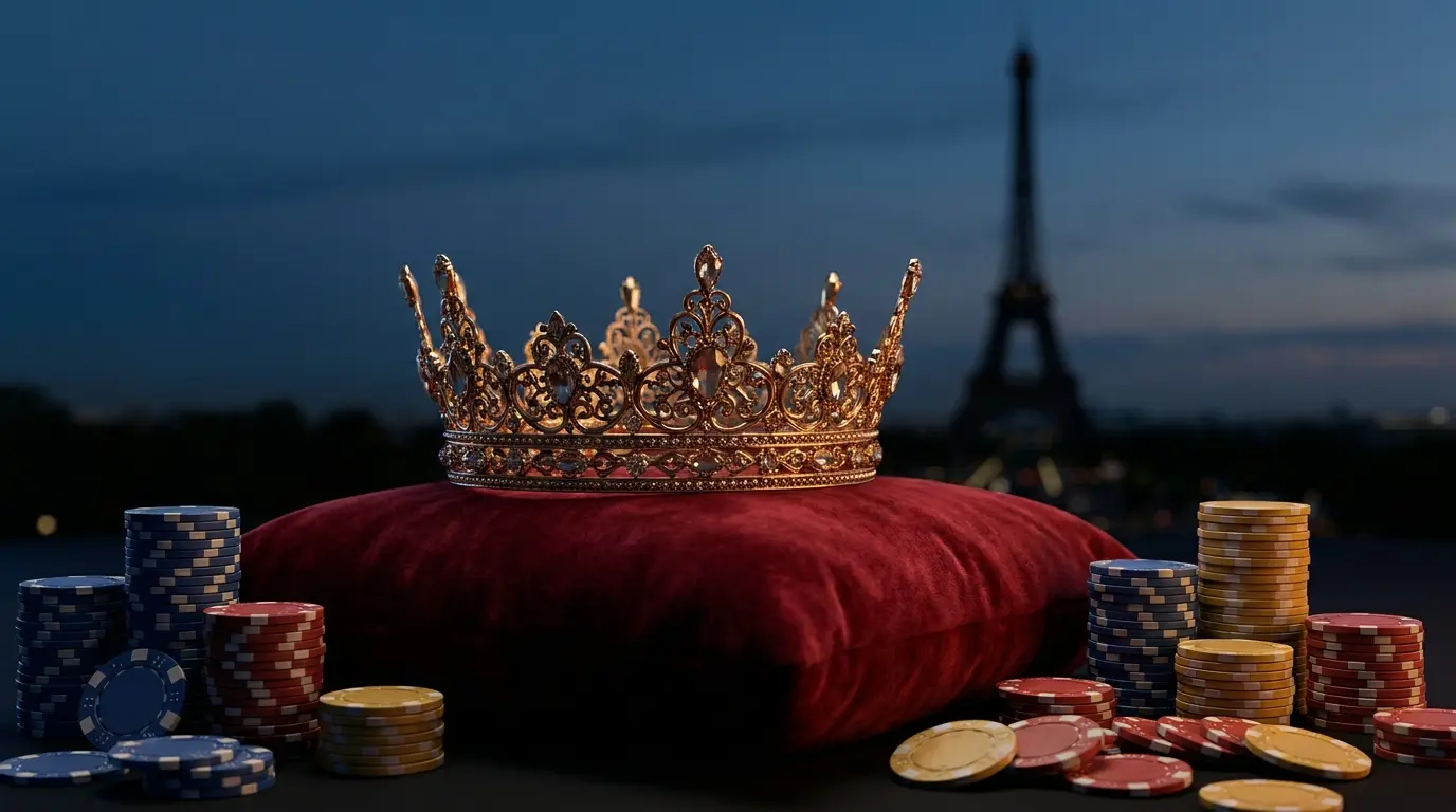 Couronne dorée et jetons avec Tour Eiffel en arrière-plan