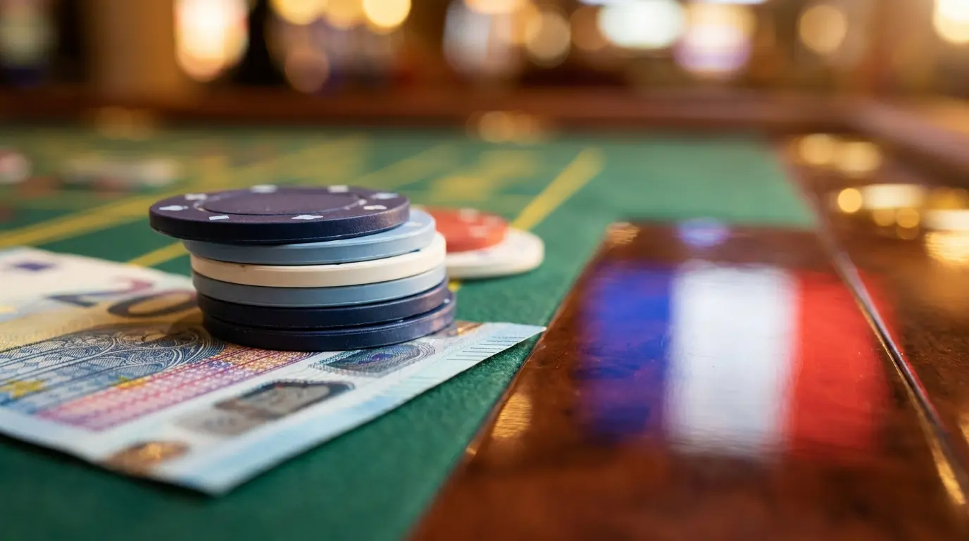 Billet de 20 euros avec jetons de casino sur table verte