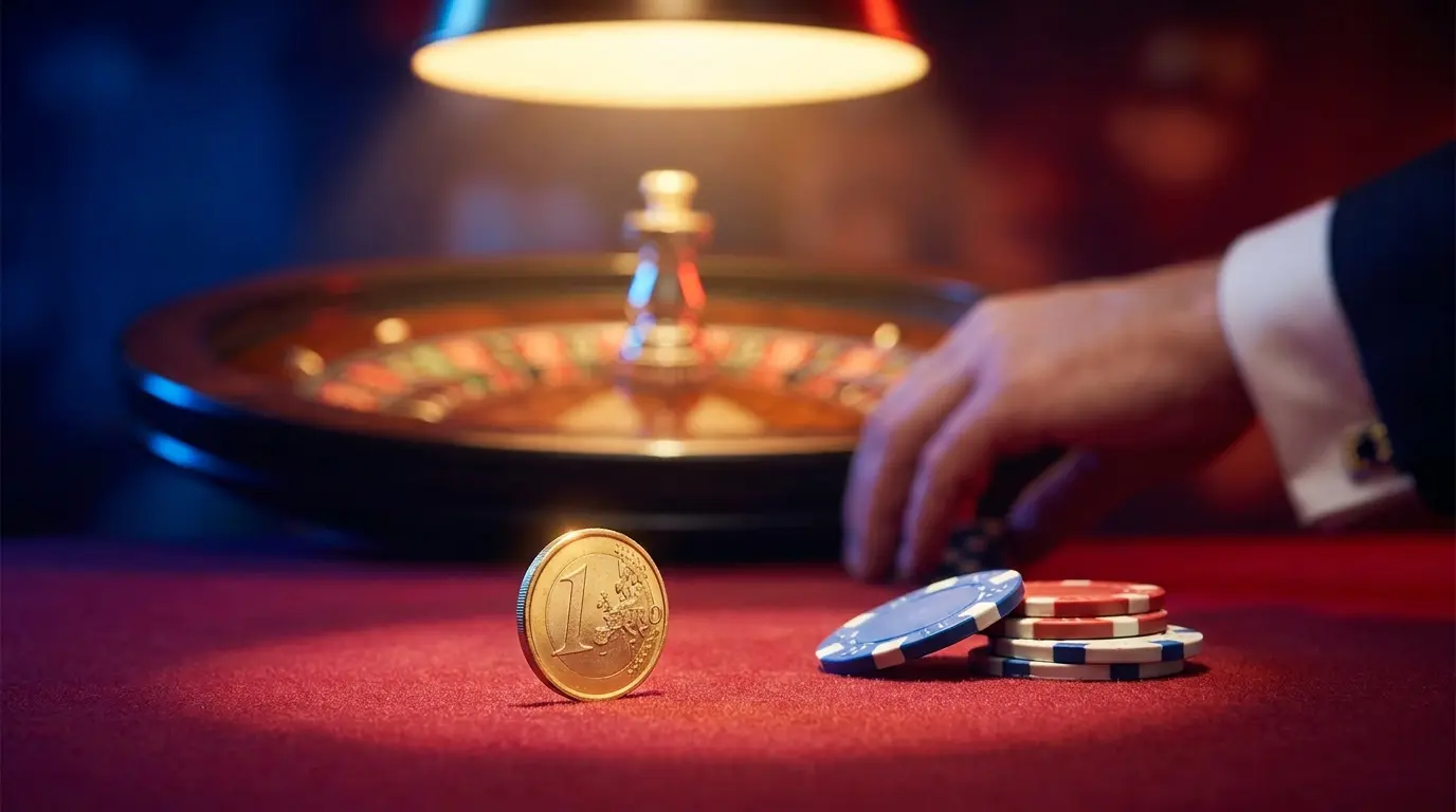Pièce d'un euro avec jetons de poker sur tapis de casino