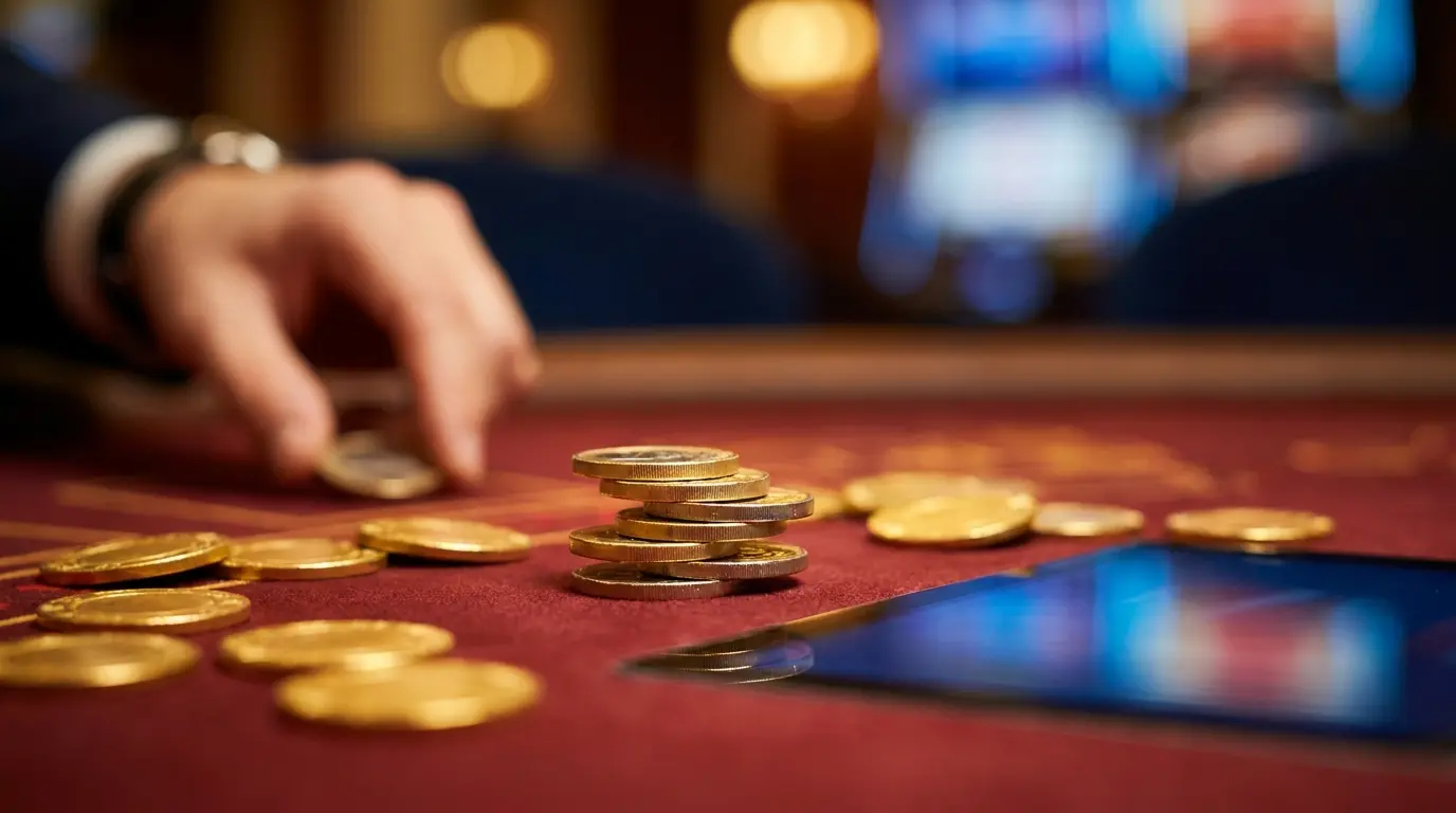 Pièces de 5 euros et jetons de casino sur tapis rouge
