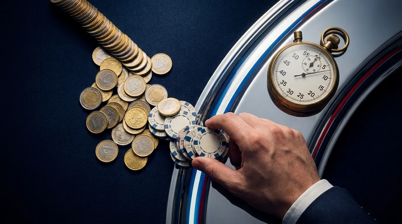 Pièces et jetons de casino avec chronomètre sur tapis de jeu