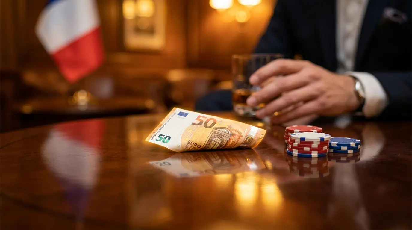 Billet de 50 euros avec jetons de casino aux couleurs françaises