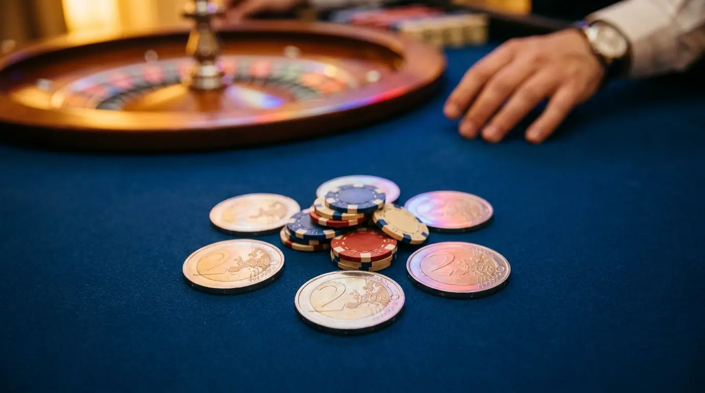 Pièces de 5 euros et jetons de casino sur table de jeu